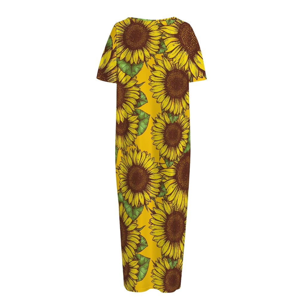 Classic Vintage Sunflower Pattern Print Short Sleeve Long Nightdress