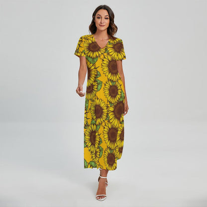 Classic Vintage Sunflower Pattern Print Short Sleeve Maxi Dress