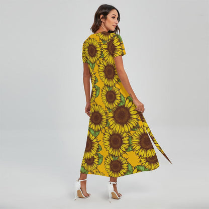 Classic Vintage Sunflower Pattern Print Short Sleeve Maxi Dress