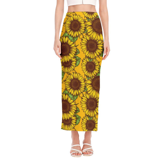 Classic Vintage Sunflower Pattern Print Side Slit Maxi Skirt