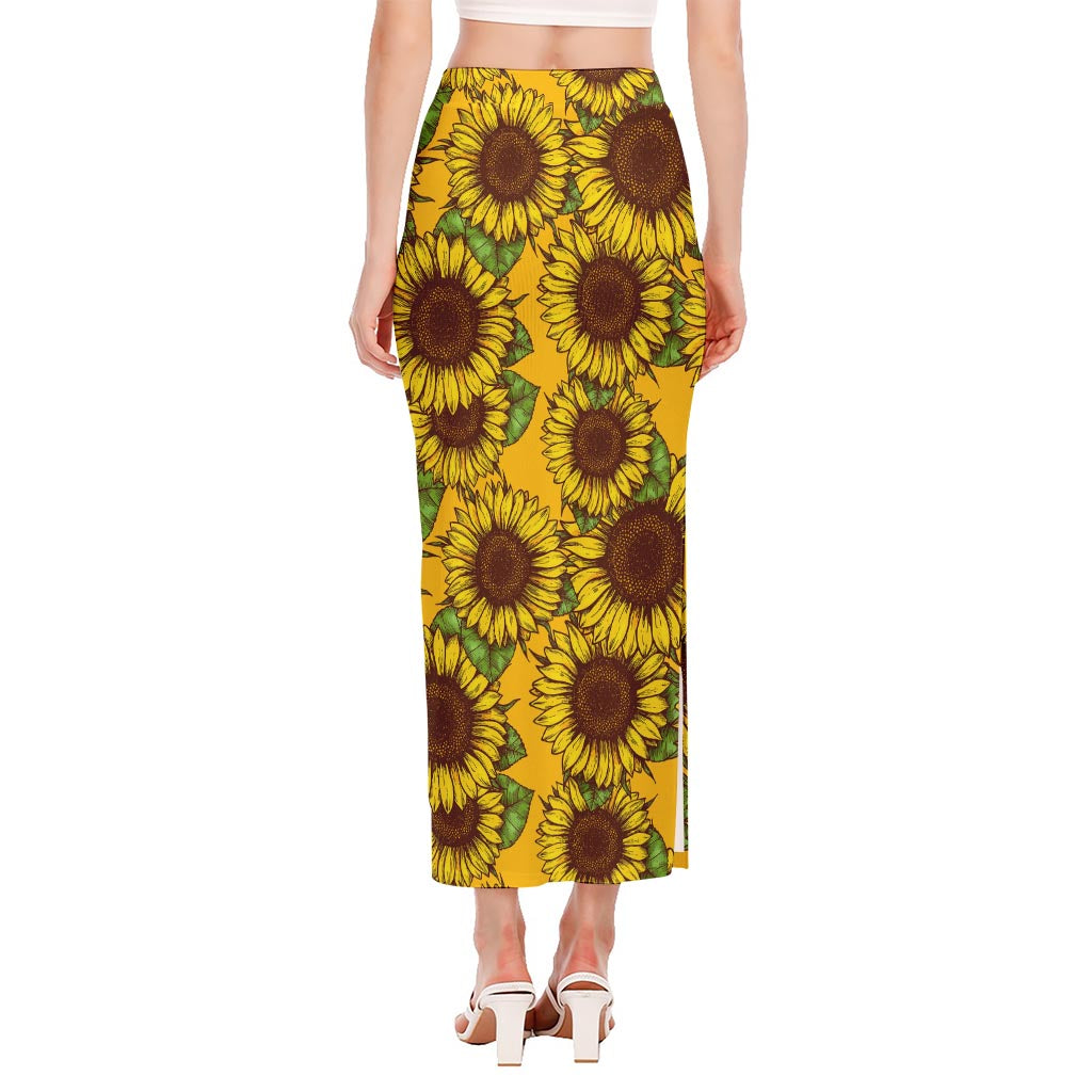 Classic Vintage Sunflower Pattern Print Side Slit Maxi Skirt