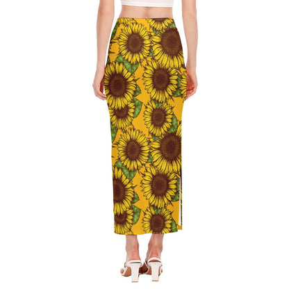 Classic Vintage Sunflower Pattern Print Side Slit Maxi Skirt