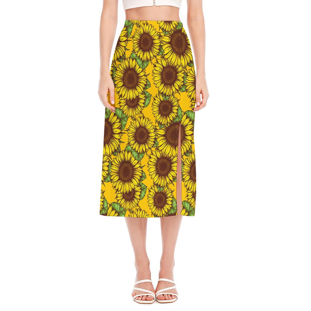 Classic Vintage Sunflower Pattern Print Side Slit Midi Skirt