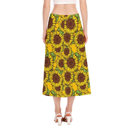 Classic Vintage Sunflower Pattern Print Side Slit Midi Skirt
