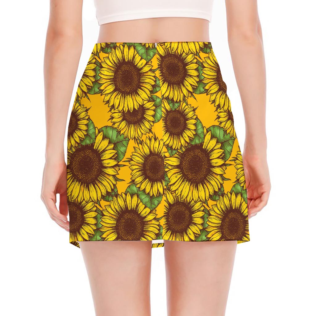 Classic Vintage Sunflower Pattern Print Side Slit Mini Skirt