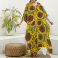 Classic Vintage Sunflower Pattern Print Silk V-Neck Kaftan Dress