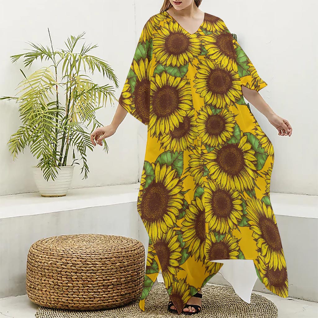 Classic Vintage Sunflower Pattern Print Silk V-Neck Kaftan Dress