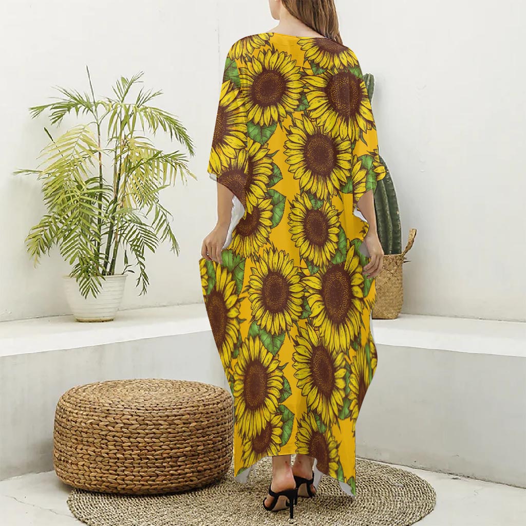 Classic Vintage Sunflower Pattern Print Silk V-Neck Kaftan Dress