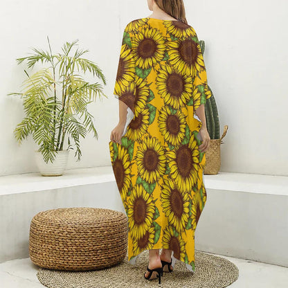Classic Vintage Sunflower Pattern Print Silk V-Neck Kaftan Dress