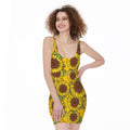Classic Vintage Sunflower Pattern Print Sleeveless Bodycon Dress
