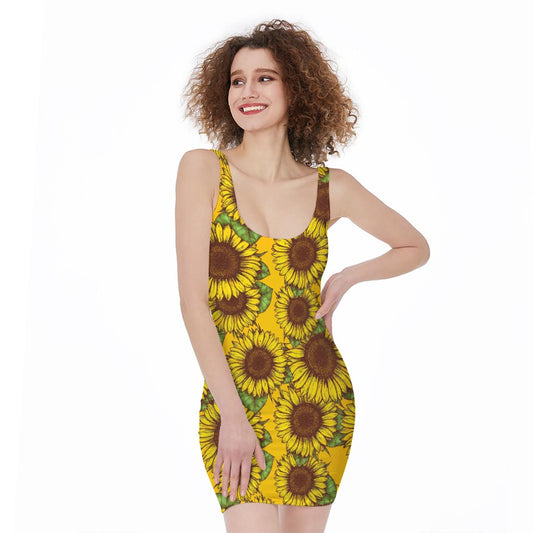 Classic Vintage Sunflower Pattern Print Sleeveless Bodycon Dress