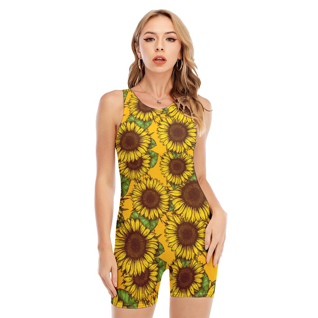 Classic Vintage Sunflower Pattern Print Sleeveless One Piece Swimsuit