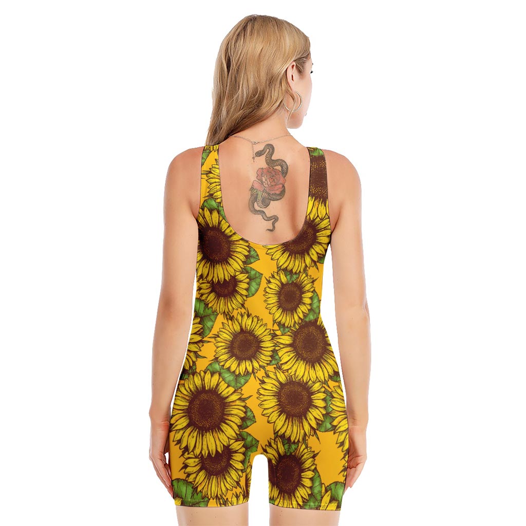 Classic Vintage Sunflower Pattern Print Sleeveless One Piece Swimsuit
