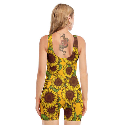 Classic Vintage Sunflower Pattern Print Sleeveless One Piece Swimsuit