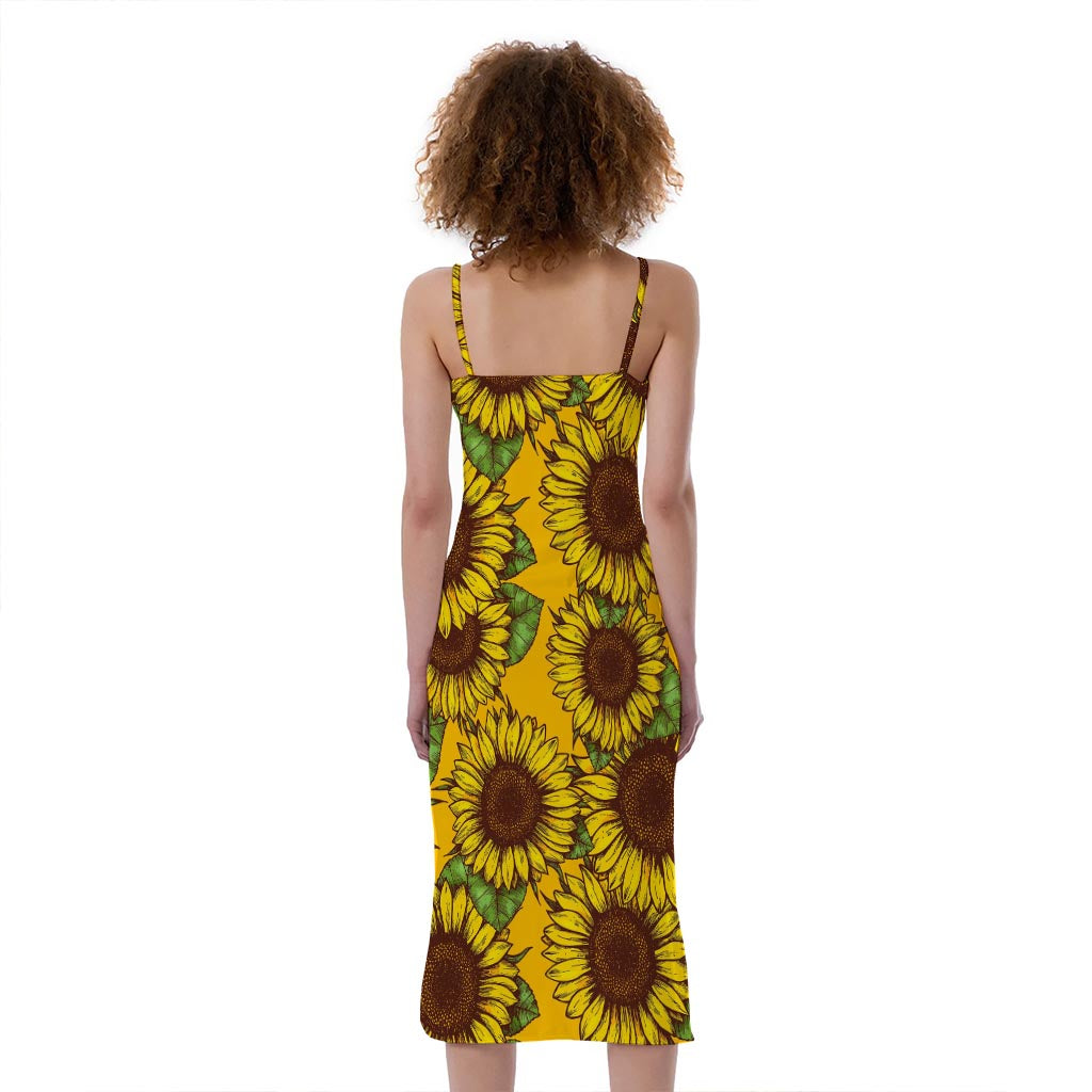 Classic Vintage Sunflower Pattern Print Slim Fit Midi Cami Dress