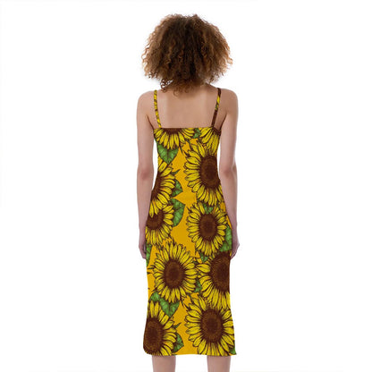 Classic Vintage Sunflower Pattern Print Slim Fit Midi Cami Dress