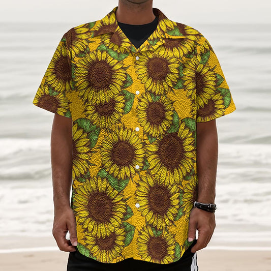 Classic Vintage Sunflower Pattern Print Textured Short Sleeve Shirt