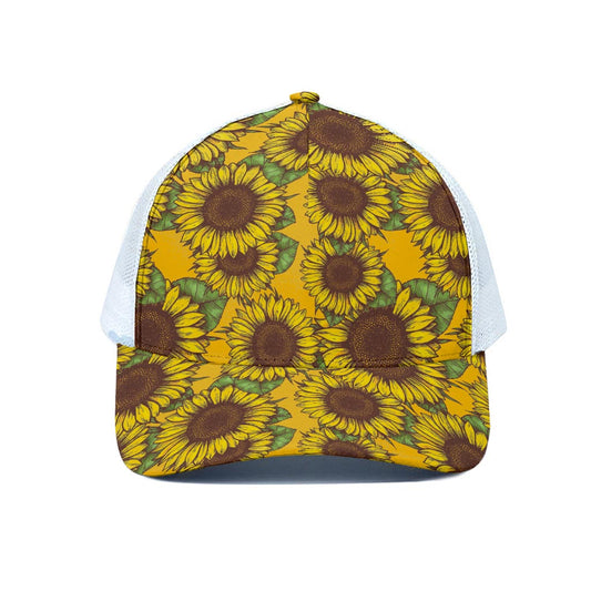 Classic Vintage Sunflower Pattern Print White Mesh Trucker Cap