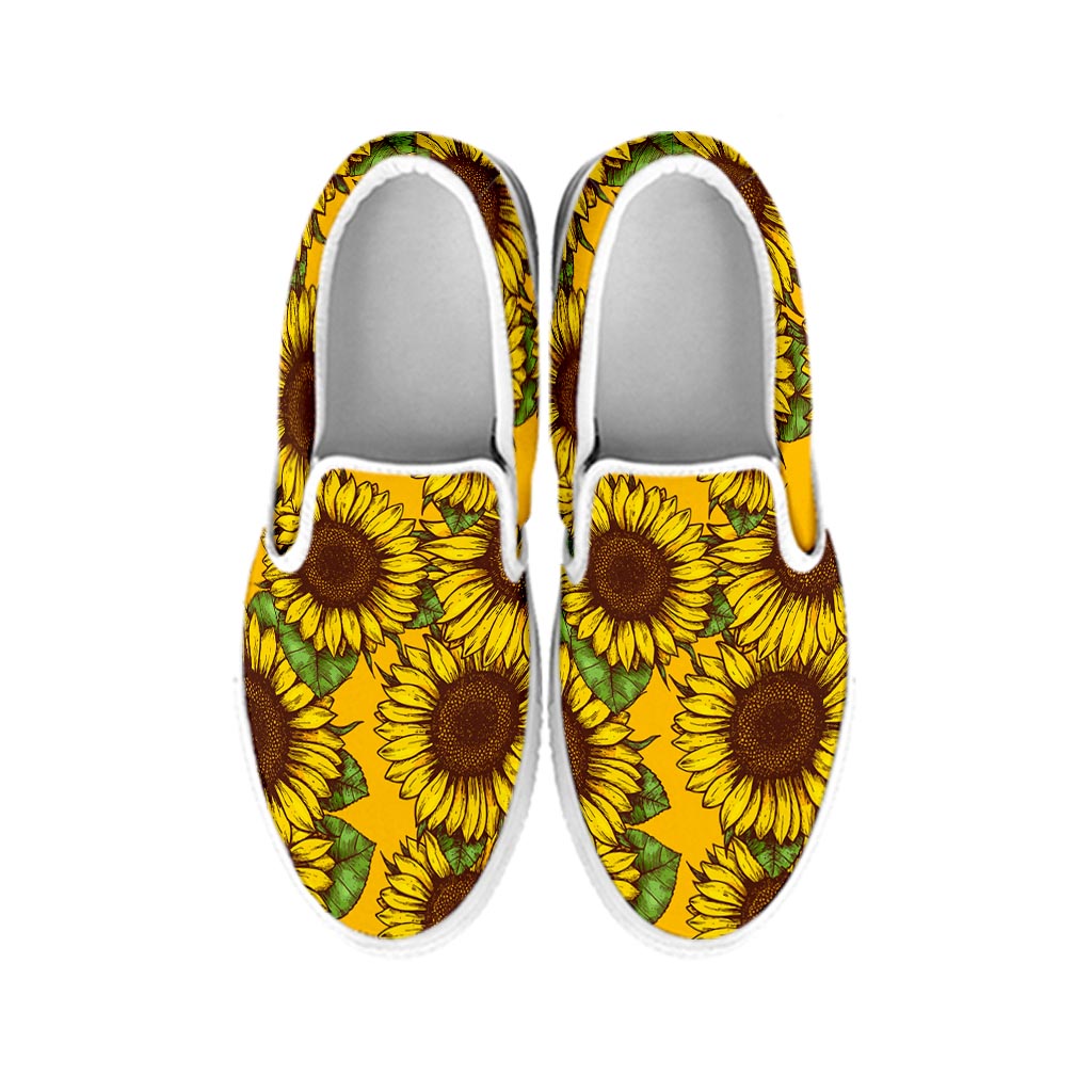 Classic Vintage Sunflower Pattern Print White Slip On Sneakers
