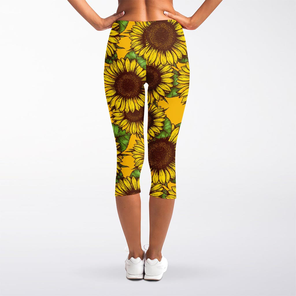 Classic Vintage Sunflower Pattern Print Women's Capri Leggings