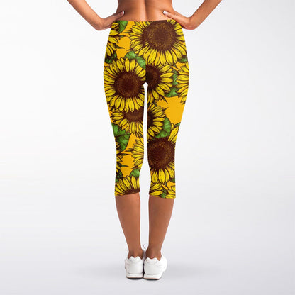 Classic Vintage Sunflower Pattern Print Women's Capri Leggings