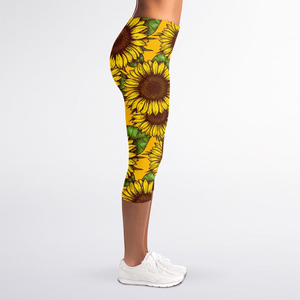 Classic Vintage Sunflower Pattern Print Women's Capri Leggings