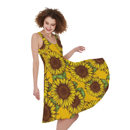Classic Vintage Sunflower Pattern Print Women's Sleeveless Dress