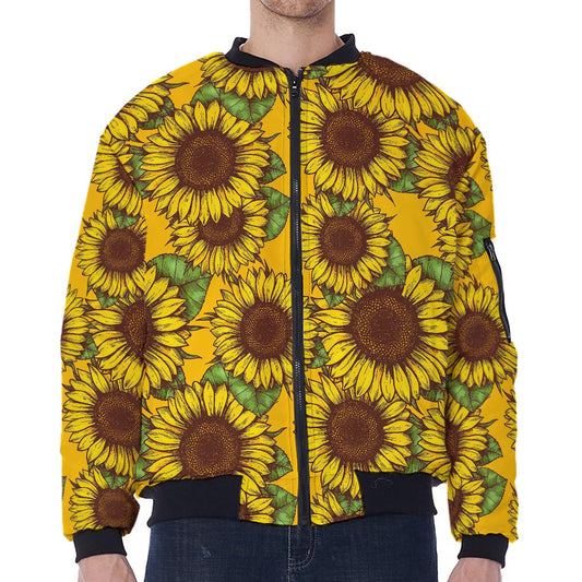 Classic Vintage Sunflower Pattern Print Zip Sleeve Bomber Jacket