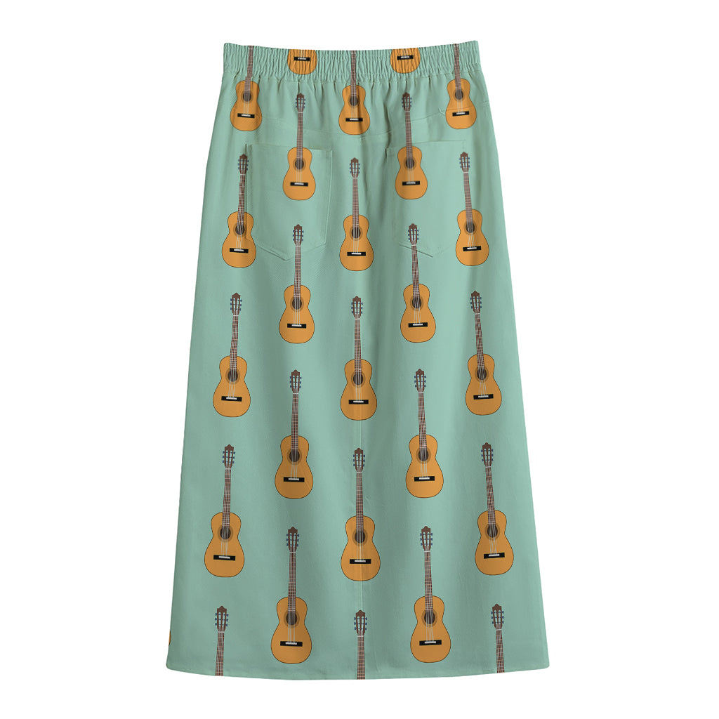 Classical Guitar Pattern Print Cotton Front Slit Maxi Skirt