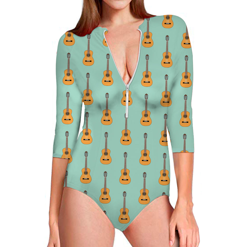 Classical Guitar Pattern Print Long Sleeve Swimsuit