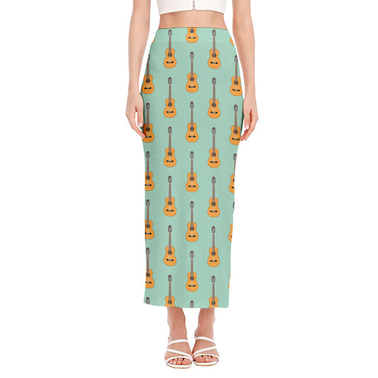 Classical Guitar Pattern Print Side Slit Maxi Skirt