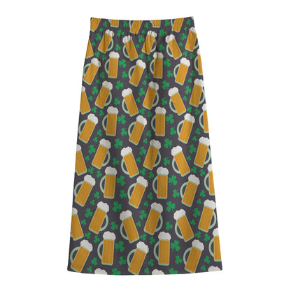 Clover And Beer St. Patrick's Day Print Cotton Front Slit Maxi Skirt