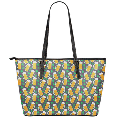 Clover And Beer St. Patrick's Day Print Leather Tote Bag