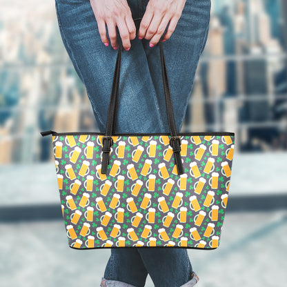 Clover And Beer St. Patrick's Day Print Leather Tote Bag