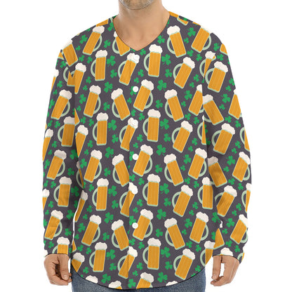 Clover And Beer St. Patrick's Day Print Long Sleeve Baseball Jersey