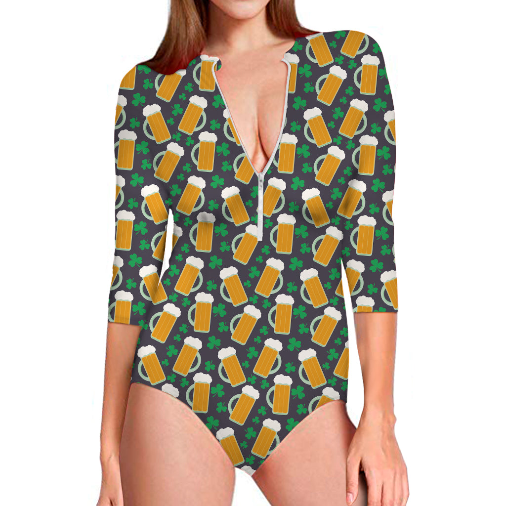 Clover And Beer St. Patrick's Day Print Long Sleeve Swimsuit