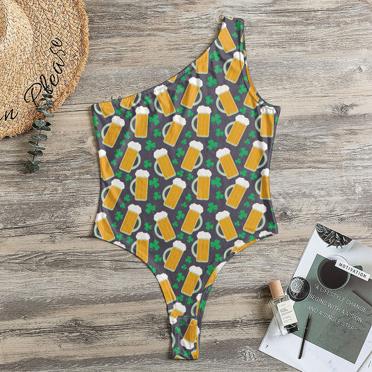 Clover And Beer St. Patrick's Day Print One Shoulder Bodysuit