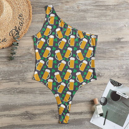 Clover And Beer St. Patrick's Day Print One Shoulder Bodysuit