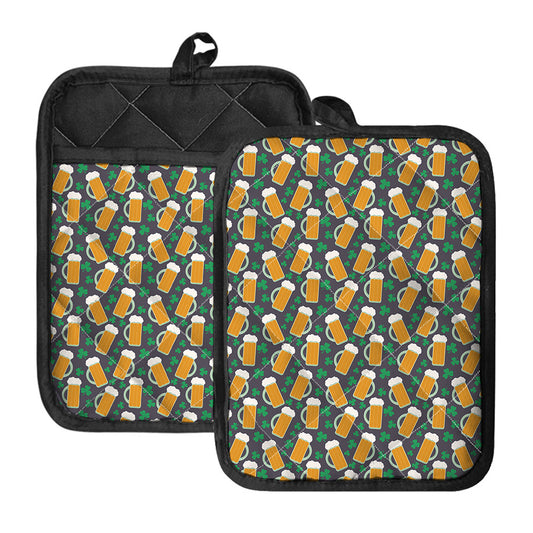 Clover And Beer St. Patrick's Day Print Pot Holders With Pocket