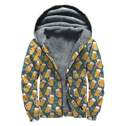 Clover And Beer St. Patrick's Day Print Sherpa Lined Zip Up Hoodie