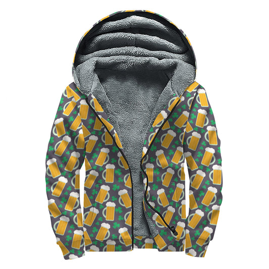 Clover And Beer St. Patrick's Day Print Sherpa Lined Zip Up Hoodie