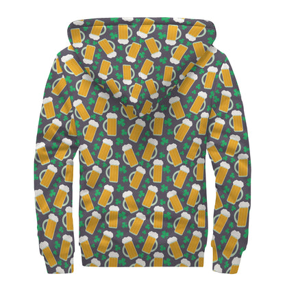 Clover And Beer St. Patrick's Day Print Sherpa Lined Zip Up Hoodie
