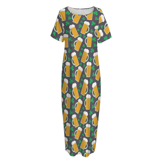 Clover And Beer St. Patrick's Day Print Short Sleeve Long Nightdress