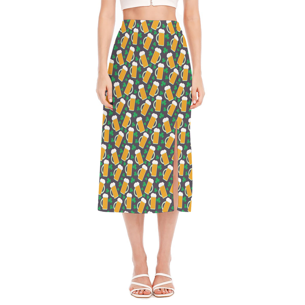 Clover And Beer St. Patrick's Day Print Side Slit Midi Skirt
