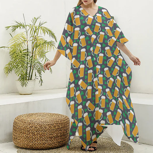 Clover And Beer St. Patrick's Day Print Silk V-Neck Kaftan Dress