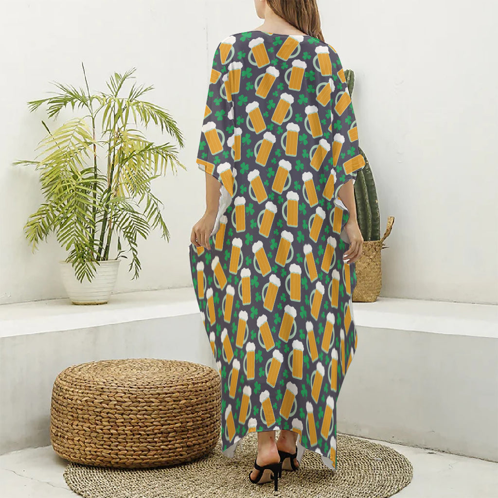 Clover And Beer St. Patrick's Day Print Silk V-Neck Kaftan Dress