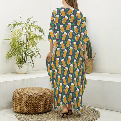 Clover And Beer St. Patrick's Day Print Silk V-Neck Kaftan Dress