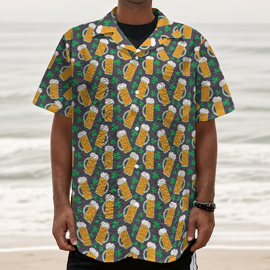 Clover And Beer St. Patrick's Day Print Textured Short Sleeve Shirt