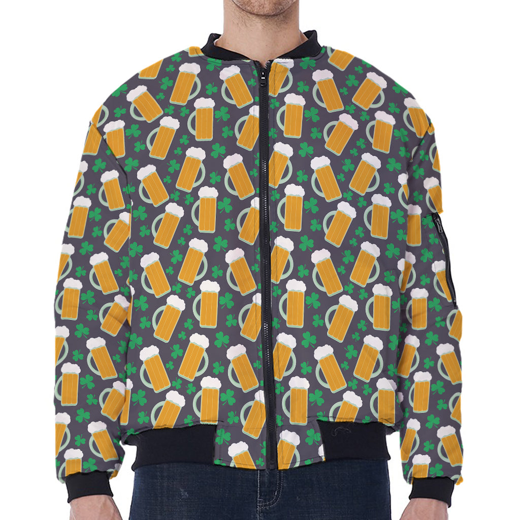 Clover And Beer St. Patrick's Day Print Zip Sleeve Bomber Jacket