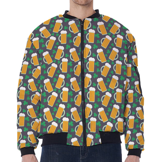 Clover And Beer St. Patrick's Day Print Zip Sleeve Bomber Jacket